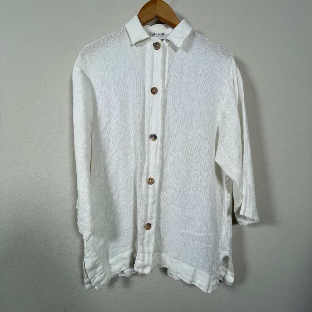 Monika Turtle Studio Button Up‎ Shirt Womens XS White Open Weave Coastal Minimal